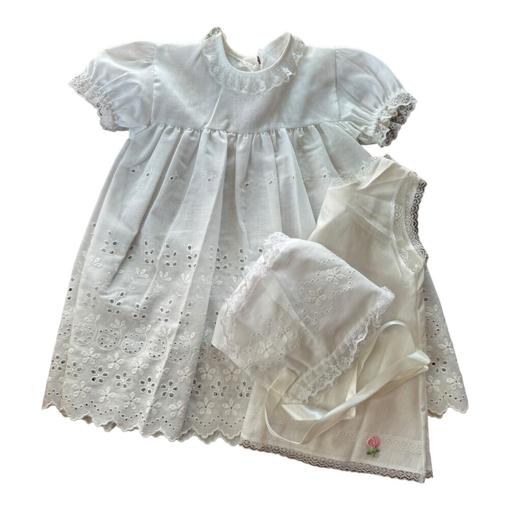 Vintage 90s I.C. Kids Christening Eyelet Gown, Slip & Bonnet Set size 0-6 months